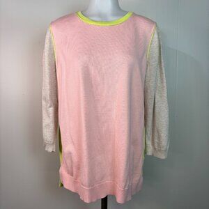 Lands' End Sweater Large Colorblock Pink Green Beige 3/4 Sleeve Crew Neck Cotton